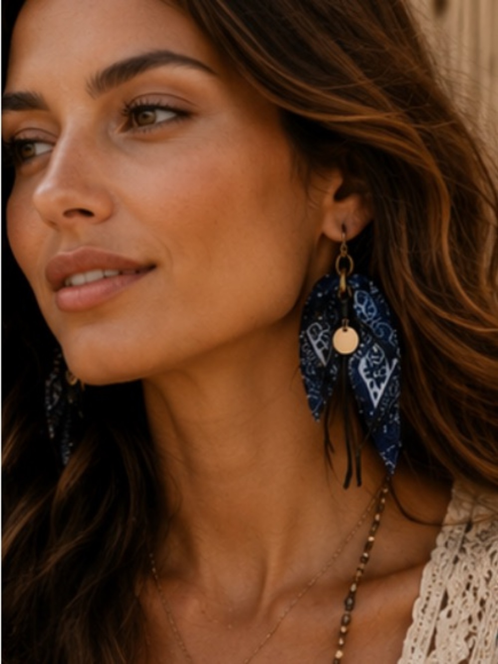 Free People Navy Bandana Drop Earrings with Gold